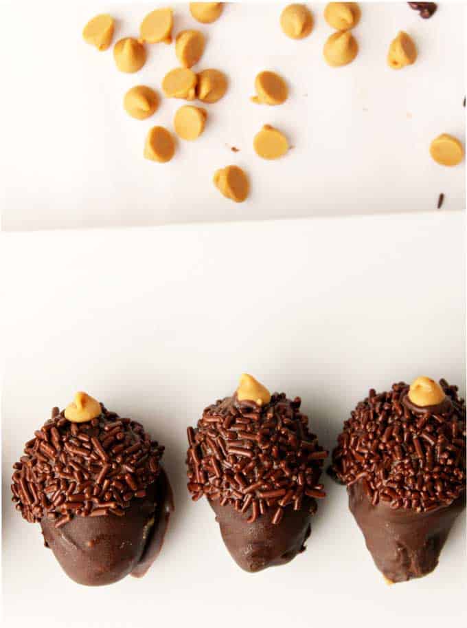 A close up of peanut butter Oreo acorn truffles