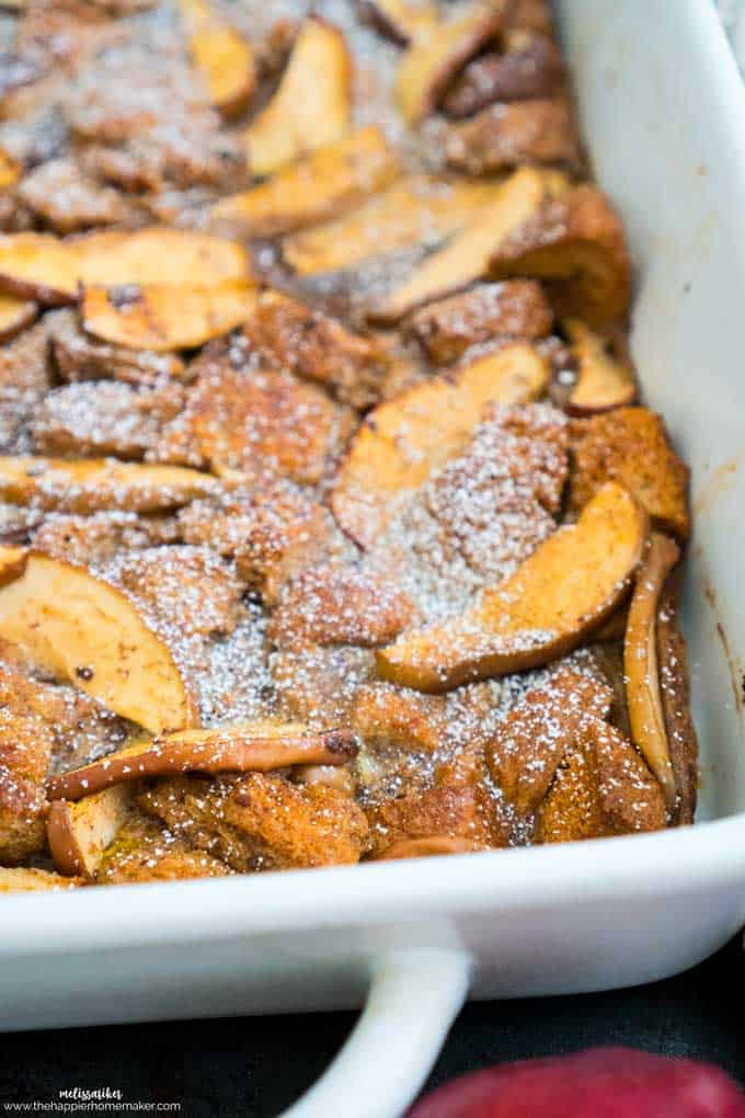 Apple Baked French Toast in a white casserole dish