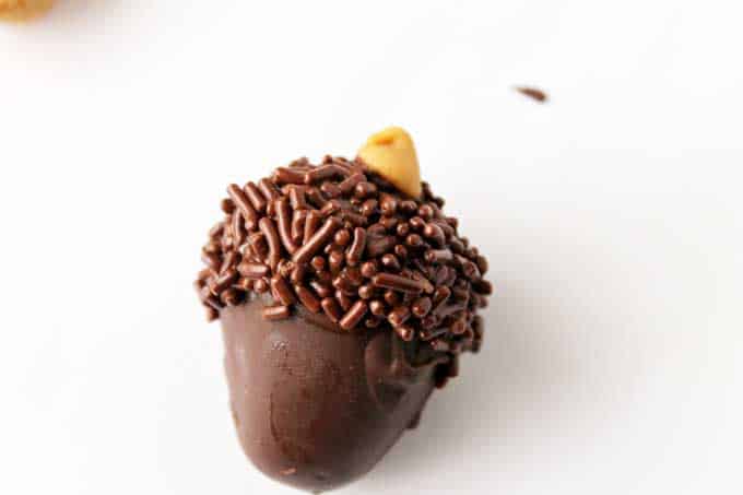A close up of peanut butter Oreo acorn truffles