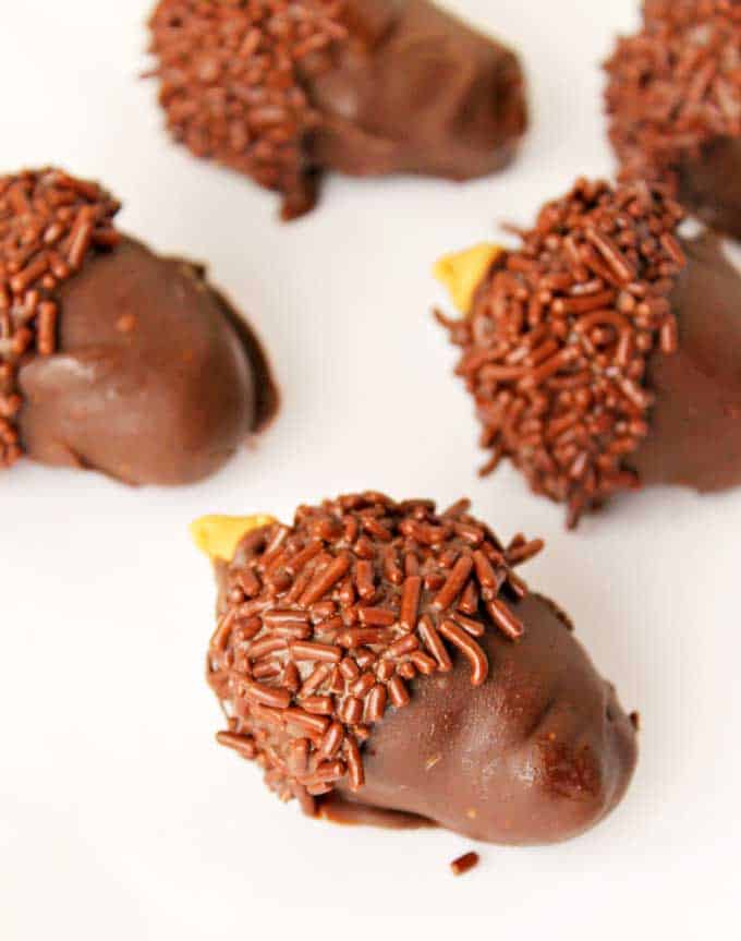 A close up of peanut butter Oreo acorn truffles