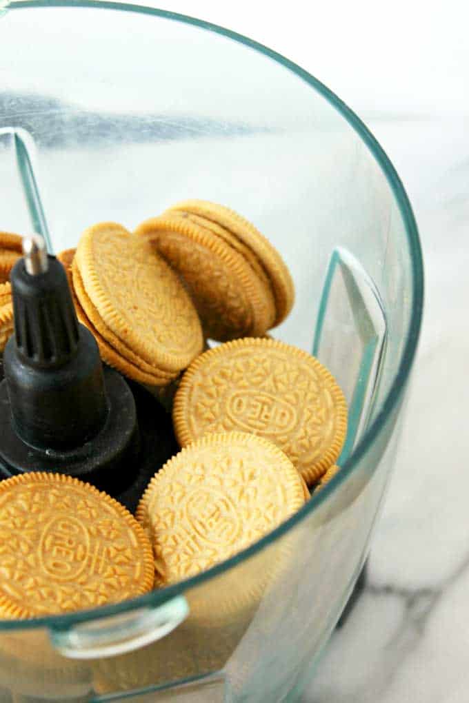 Peanut butter Oreo cookies in a mixer