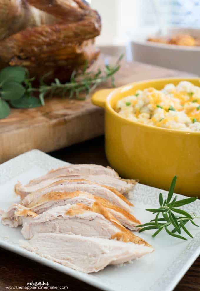 sliced roast thanksgiving turkey breast meat on white plate