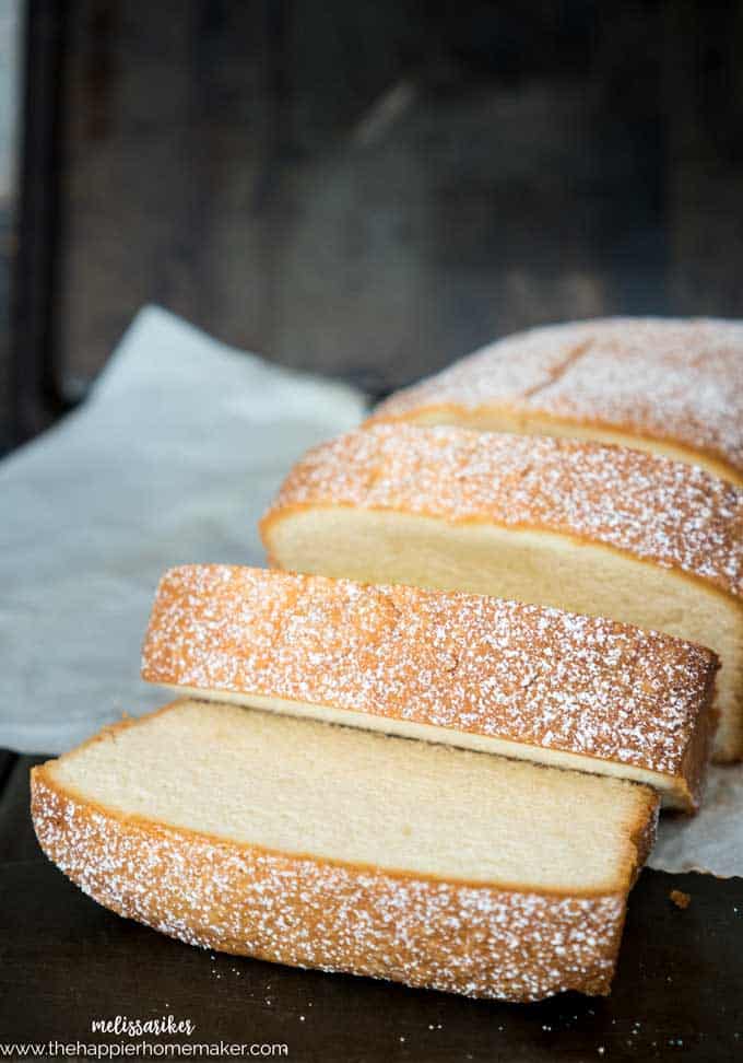 A close up of sliced butter pound cake 