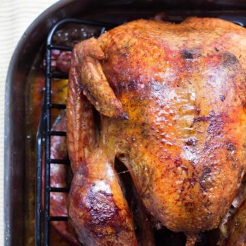 roast turkey from overhead on pan