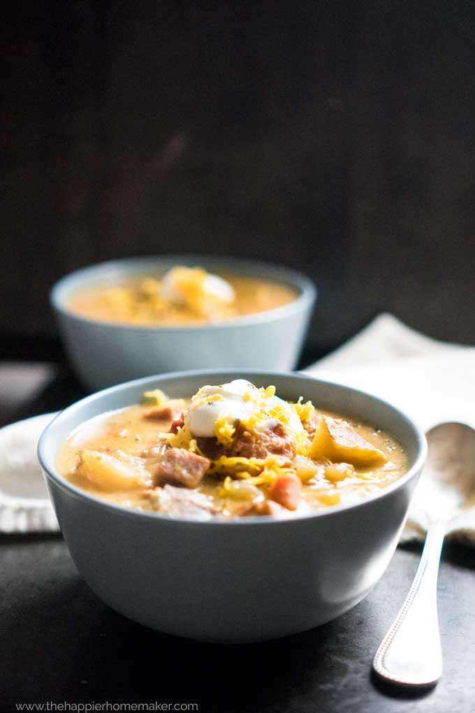 Slow Cooker Ham Potato Bacon Soup - The Happier Homemaker