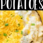 cheesy mashed potatoes in yellow bowl with text