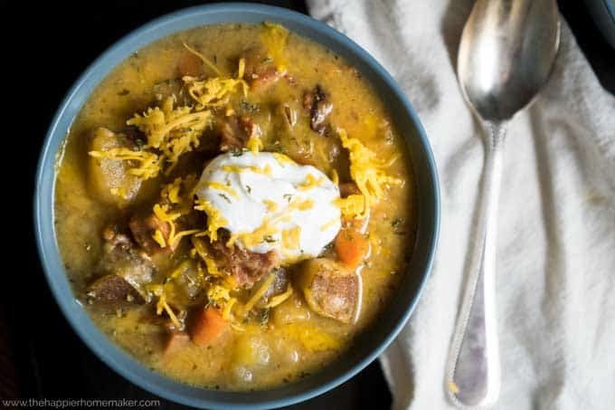 blue bowl with loaded baked potato soup