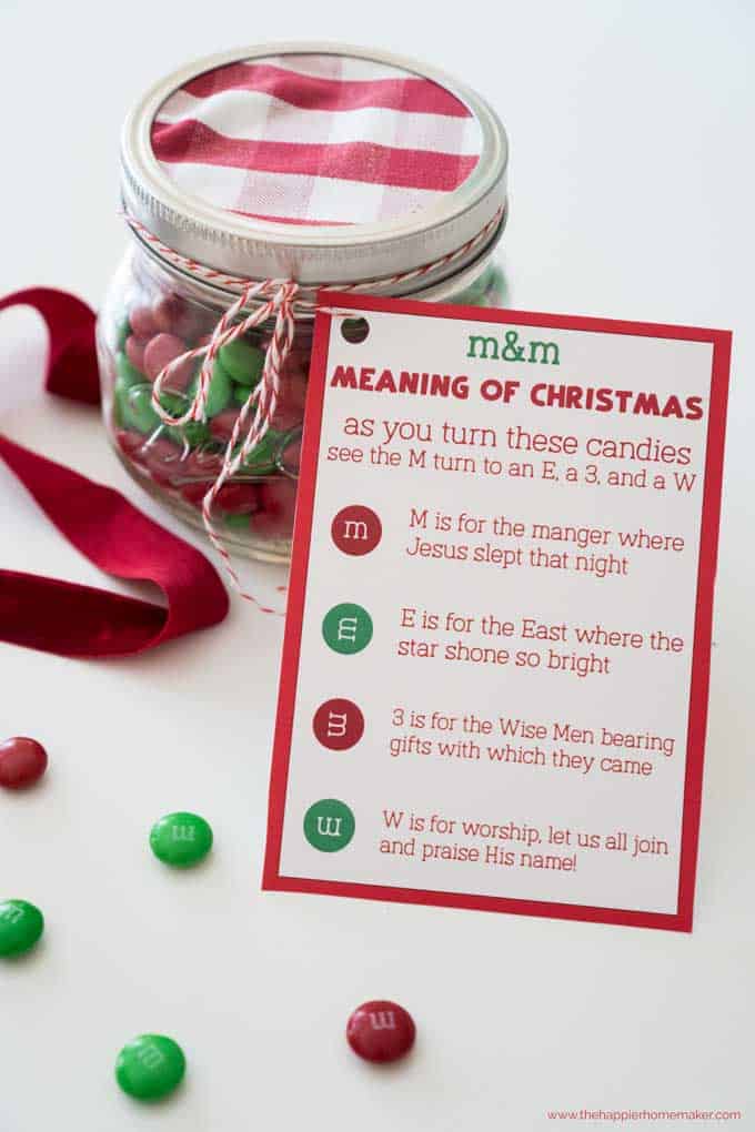 A close up of the M&M meaning of Christmas card