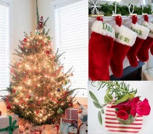 Collage of Christmas tree, homemade stockings and small holiday decor