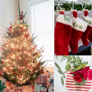 Collage of Christmas tree, homemade stockings and small holiday decor