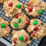 Chocolate chip cookies with green and red M&Ms