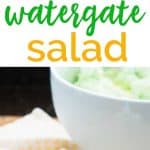 Watergate Salad is a 1970s era dessert with pistachio pudding, whipped cream, marshmallows, pineapple, and pecans and while it sounds like a crazy mix, it's absolutely delicious!