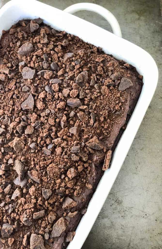 overhead view of thin mint brownies in white casserole dish