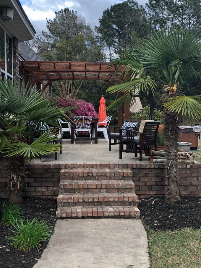 raised patio with furniture and two palm trees on either side of the steps