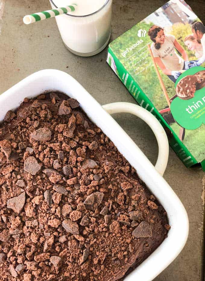 overhead view of casserole dish with thin mint brownies