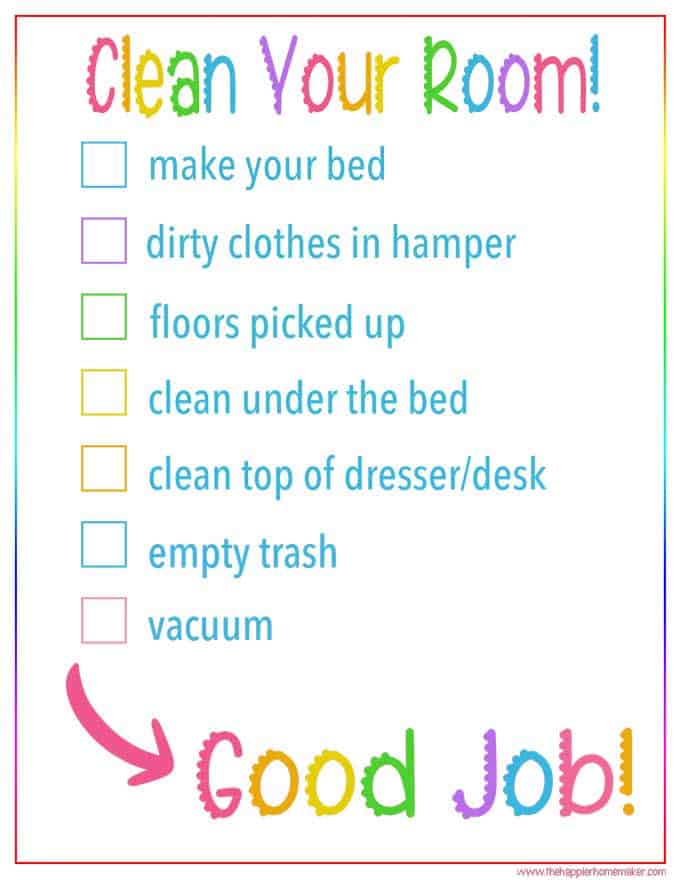 kids bedroom cleaning printable checklist colorful