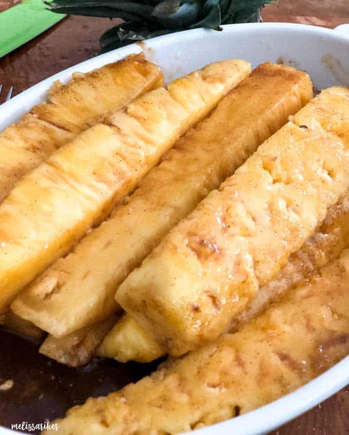 brown sugar coated pineapple spears before grilling