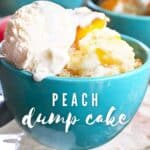 peach dump cake with ice cream in blue bowl