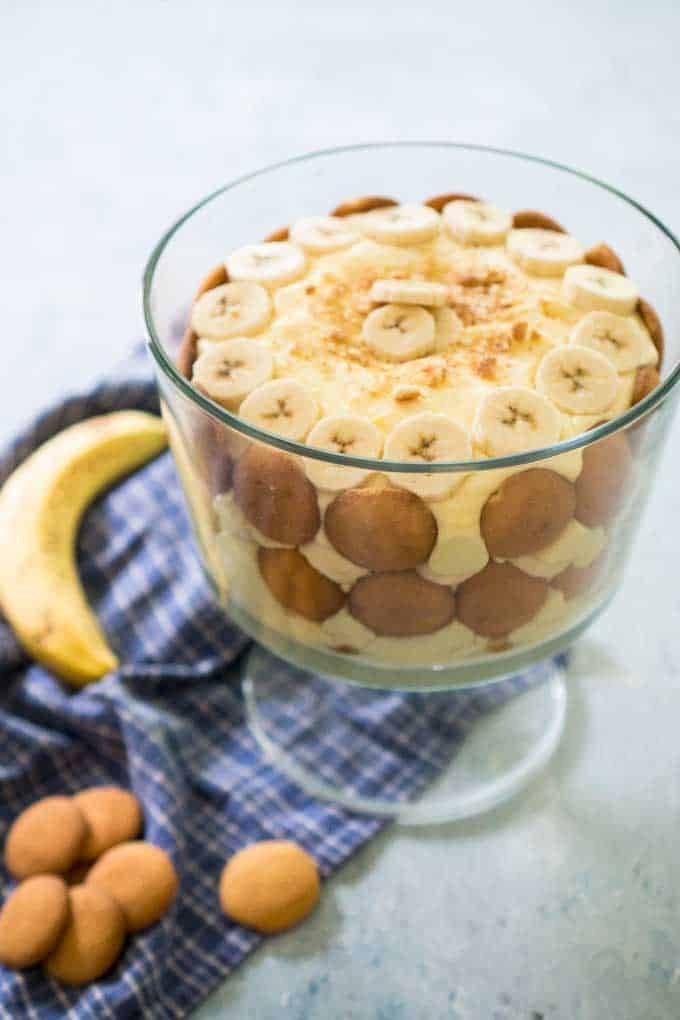 Banana pudding in glass trifle dish 