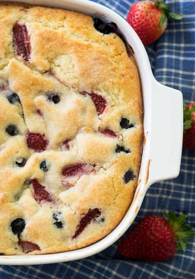 overhead close up of berry buttermilk cake