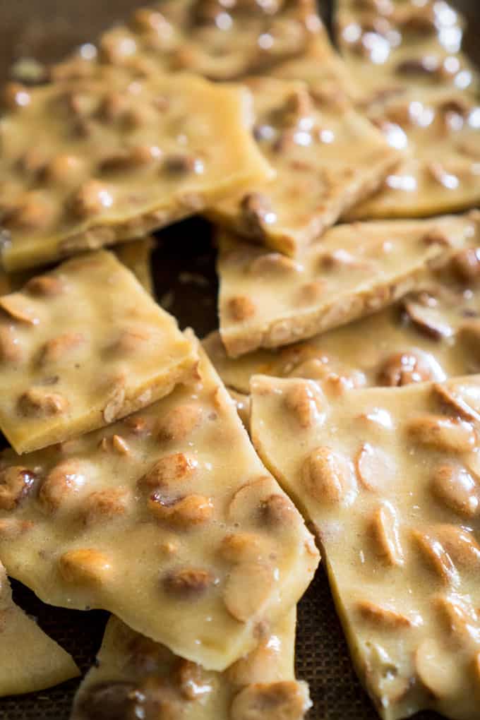 microwave peanut brittle broken into pieces