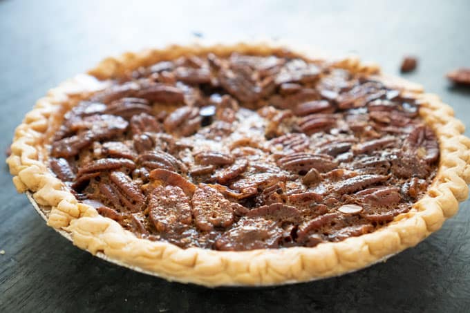 Chocolate Pecan Pie on slate counter