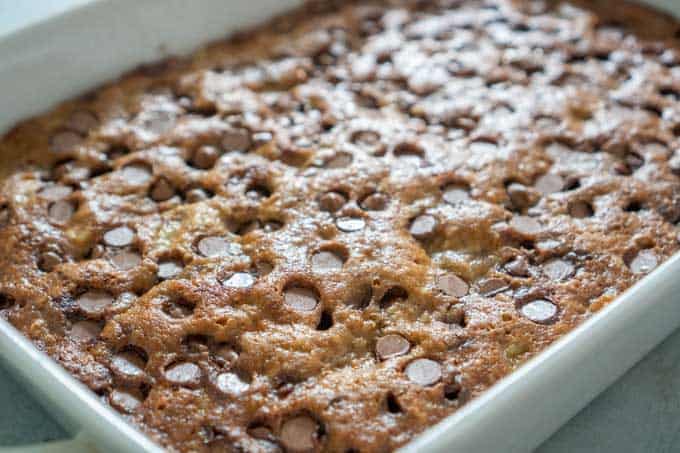 A close up of a pan of food, with Banana and Chocolate