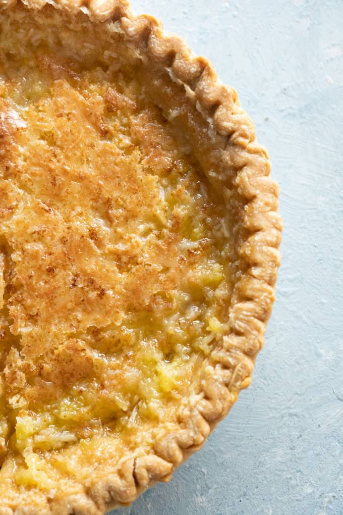 A close up of coconut pie