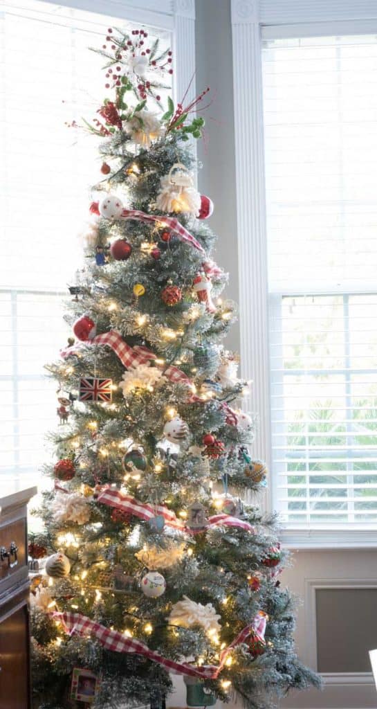 A christmas tree sitting in front of a window