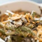 spoon with from scratch green bean casserole