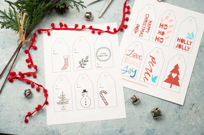 overhead view of free printable Christmas gift tags