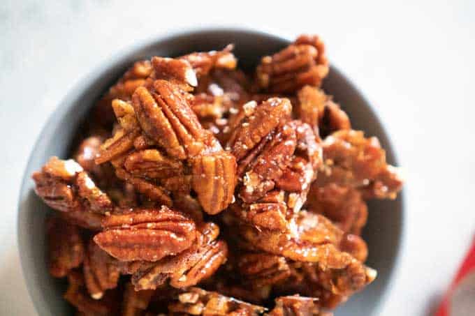 Spicy Candied Pecans in bowl