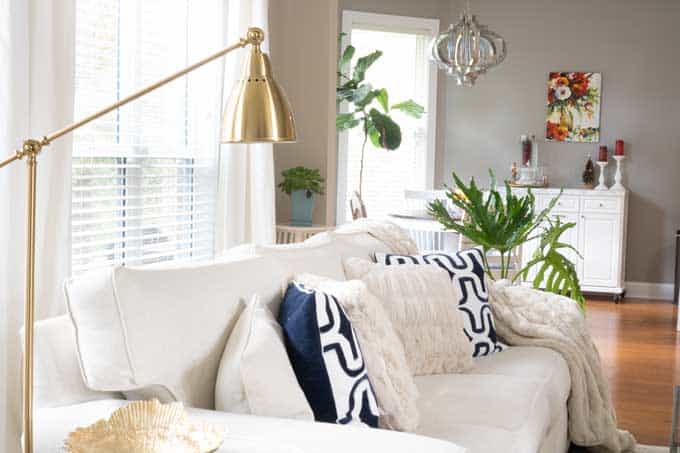 A living room filled with a white couch, some plants, and a gold lamp
