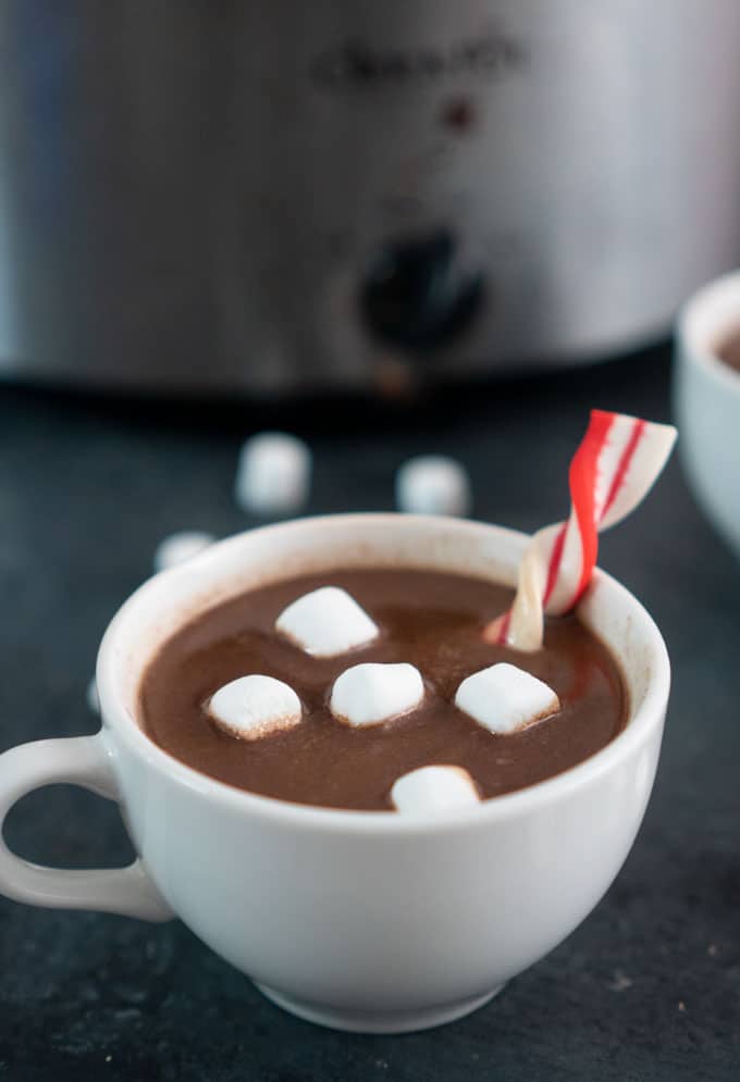 slow cooker hot chocolate in white mug