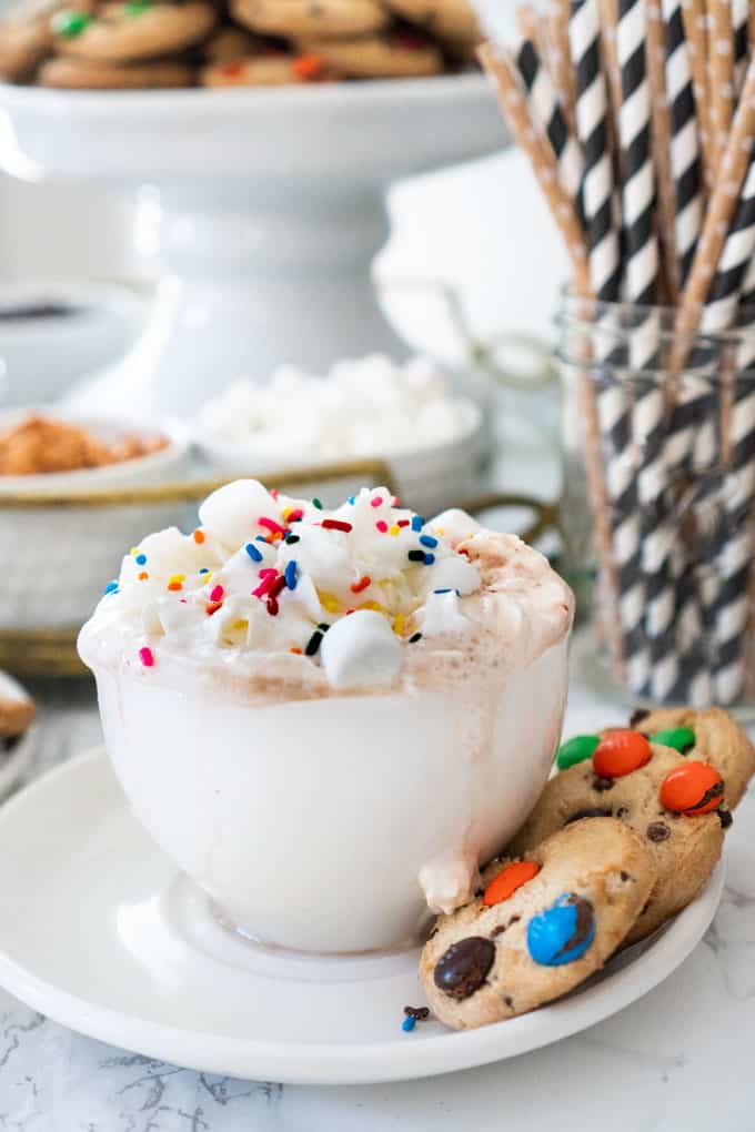 hot chocolate in white mug with whipped cream, marshmallows, and sprinkles on top with cookies on saucer below