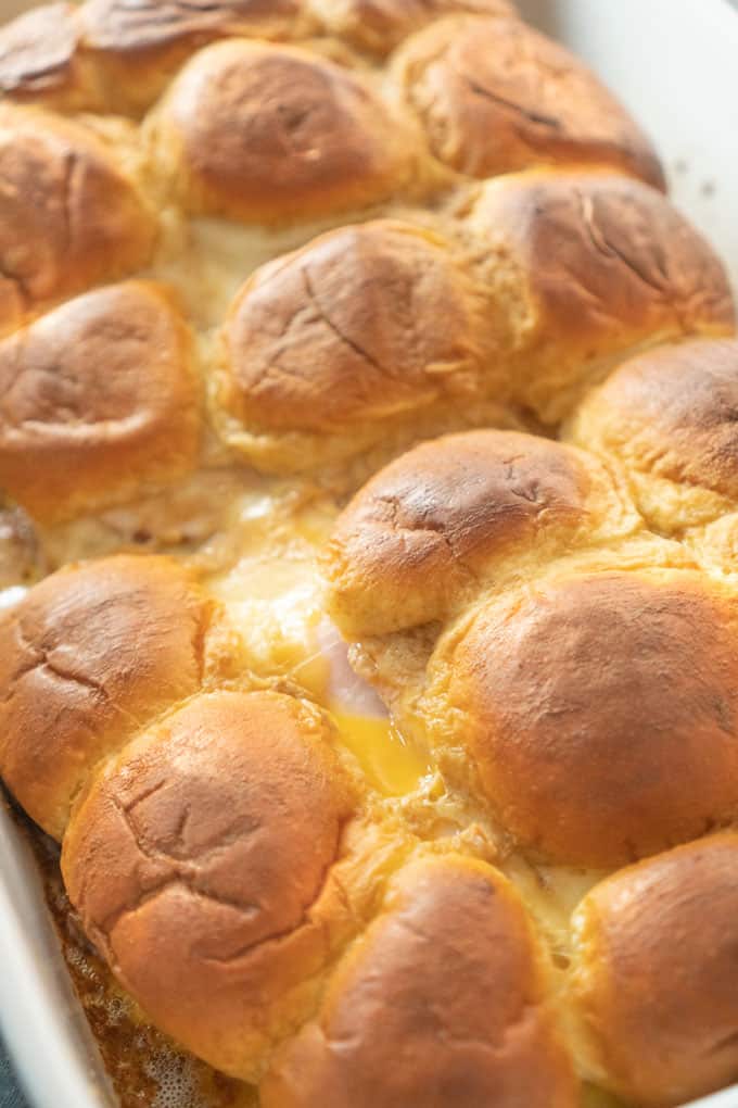 Ham and Turkey Hawaiian Roll Sliders close photo in casserole dish