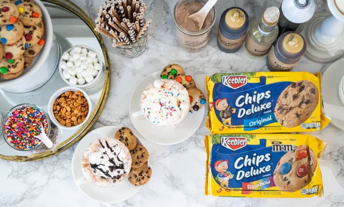 overhead view of hot chocolate bar with keebler cookie packages