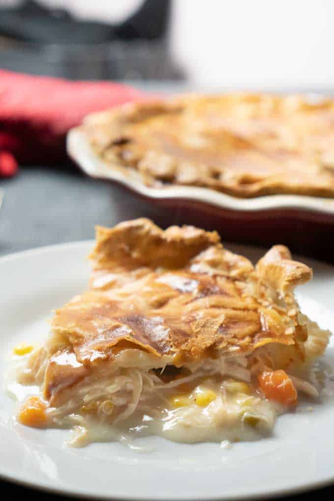 homemade chicken pot pie on white dish