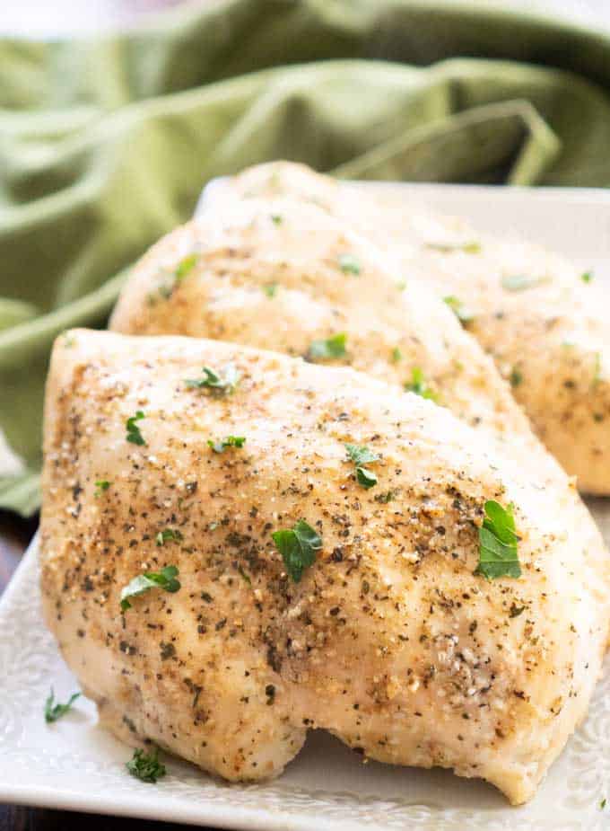 chicken breasts on white platter