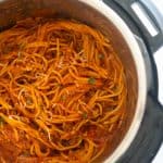 overhead view of instant pot spaghetti in pressure cooker