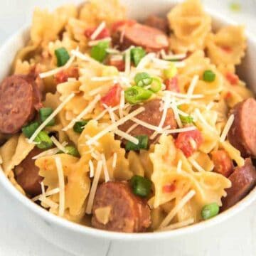 close up of penne with sausage