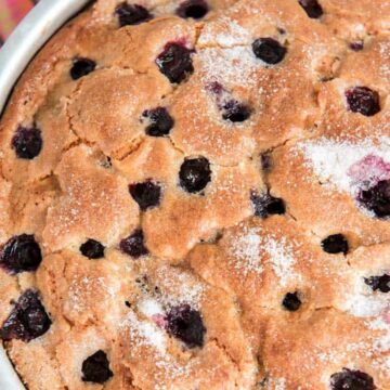 overhead view of blueberry cake
