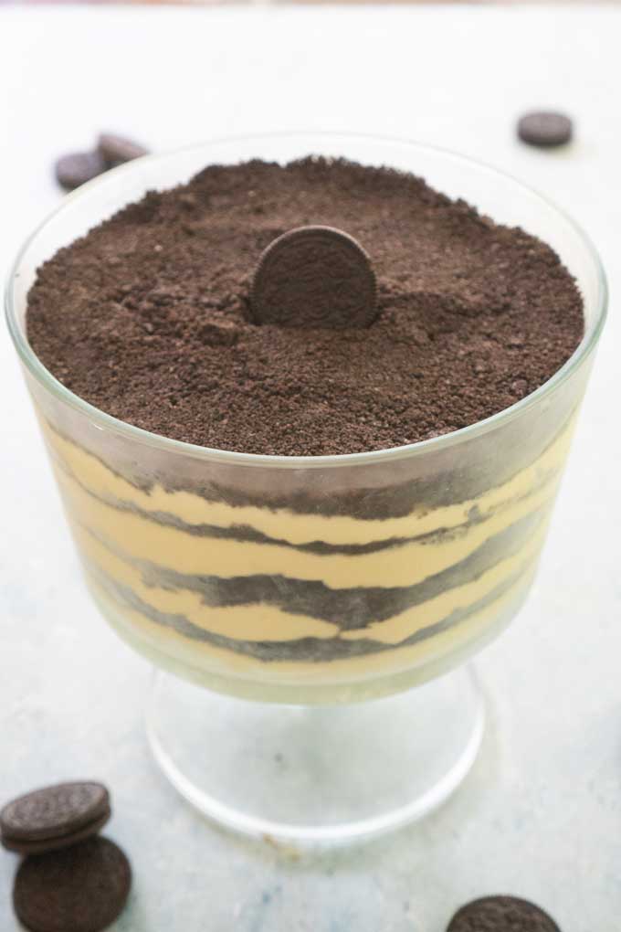 OREO dirt cake in a trifle dish