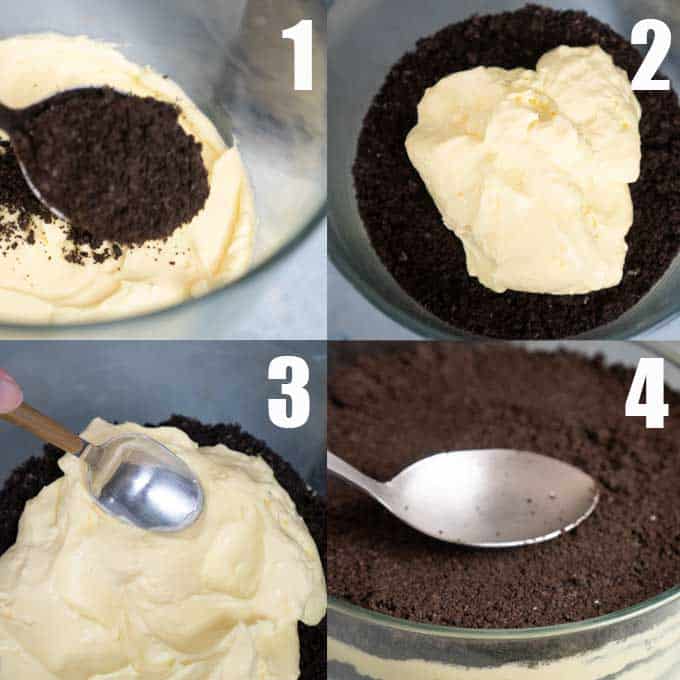 step by step layering cookies crumbs and pudding for dirt cake