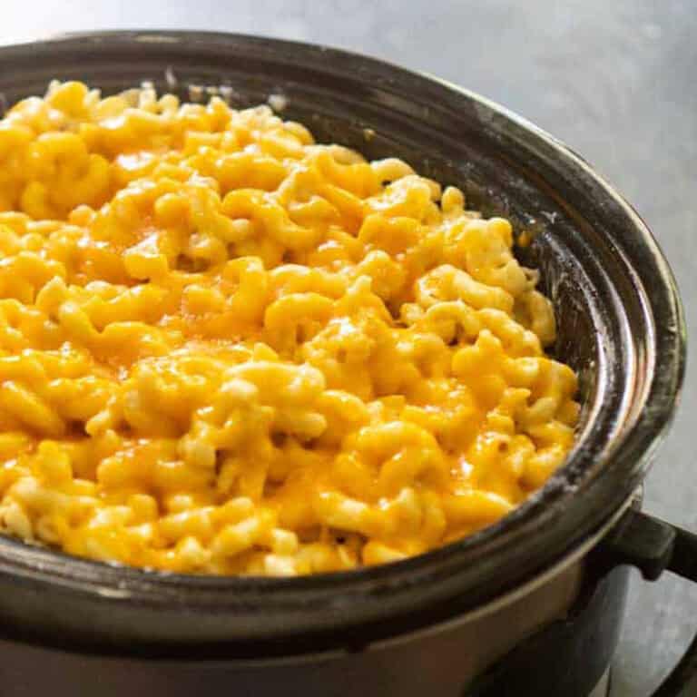 slow cooker full of mac and cheese