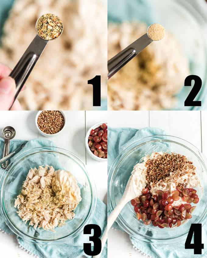 photo collage showing the steps for mixing chicken salad in clear bowl with grapes pecans and mayonnaise