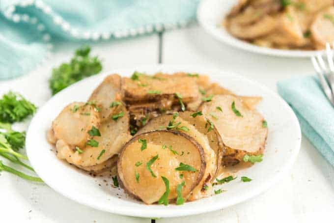 scalloped potatoes on white plate