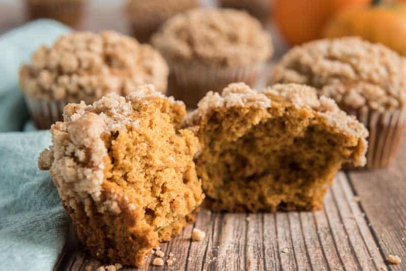 close up of pumpkin muffin cut in half