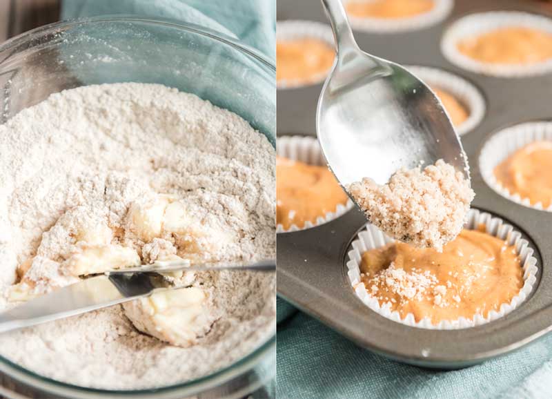 adding crumble topping to best pumpkin muffins before baking