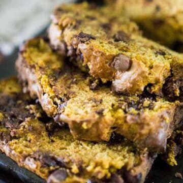 sliced pumpkin zucchini bread with chocolate chips